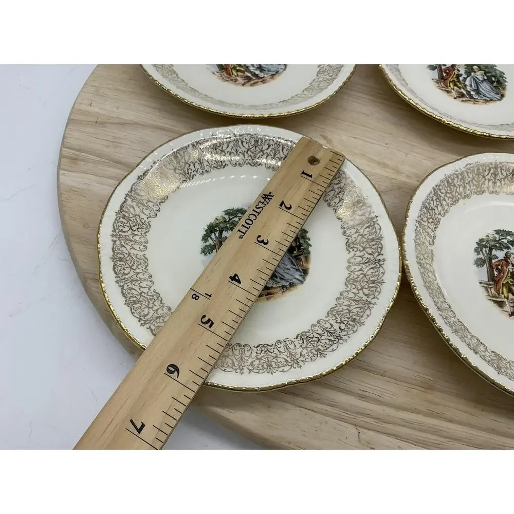 Homer‎ Laughlin Dessert Bowls Set 4 White Gold Courting Couple USA Scene Vintage